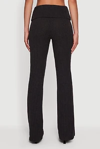 Womens Fold Over High Waisted Flare Leg Ribbed Knit Pants, Grey, Size L
