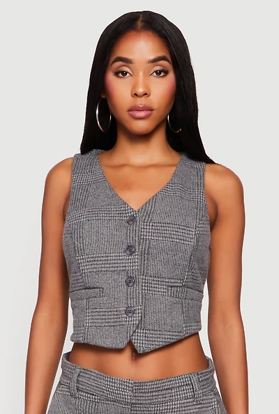 Houndstooth Plaid Cropped Button Front Blazer Vest