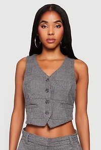 Houndstooth Plaid Cropped Button Front Blazer Vest