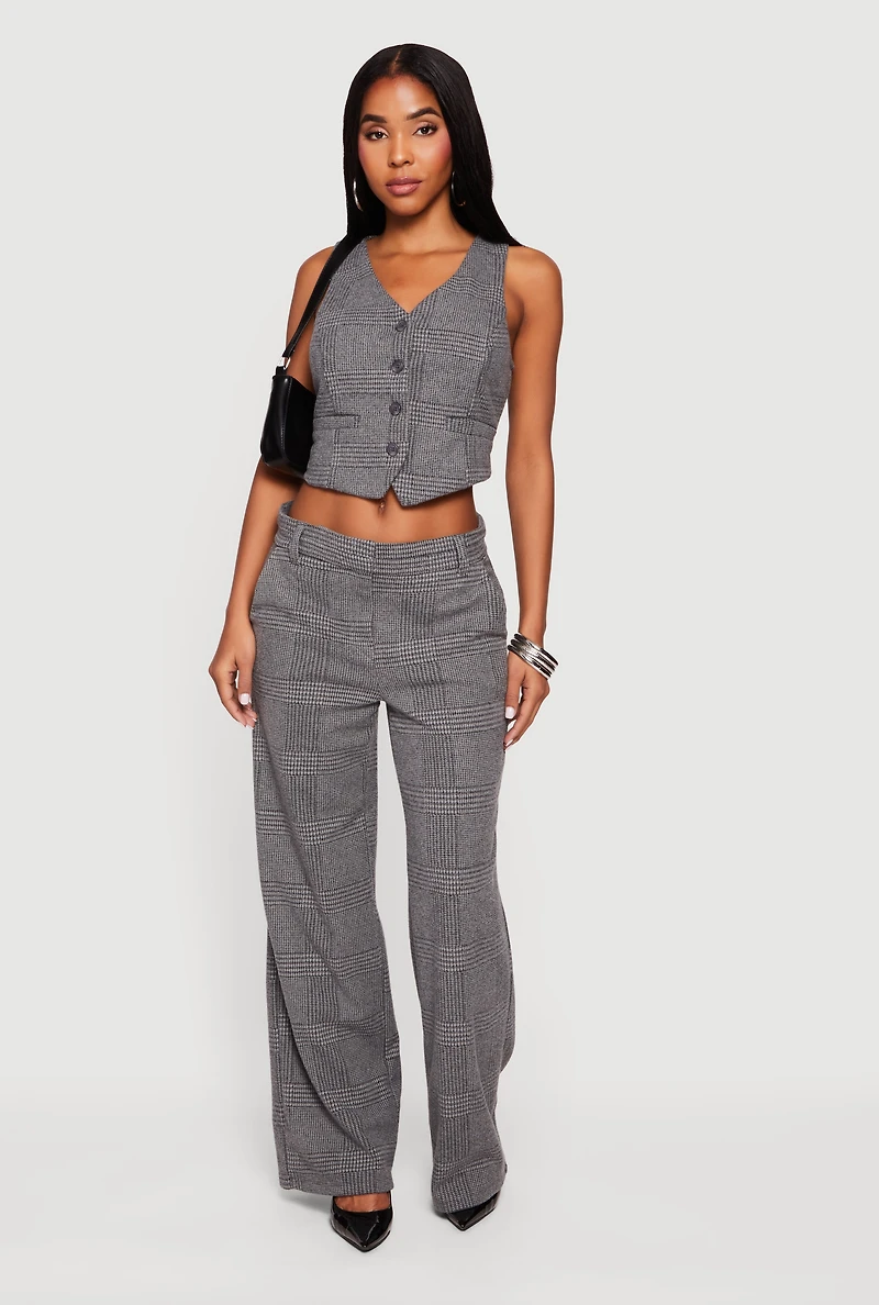 Houndstooth Plaid Cropped Button Front Blazer Vest