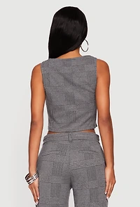 Houndstooth Plaid Cropped Button Front Blazer Vest