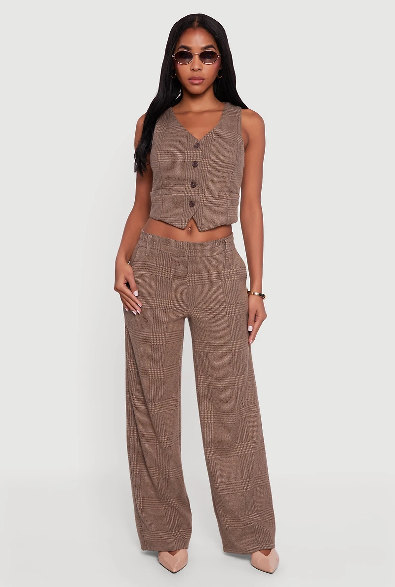 Houndstooth Plaid Cropped Button Front Blazer Vest