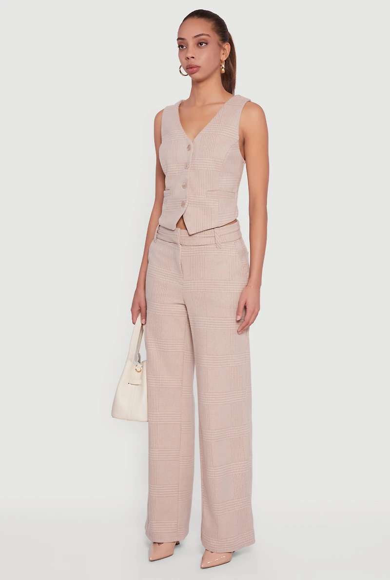 Womens Houndstooth Plaid Cropped Button Front Blazer Vest, S