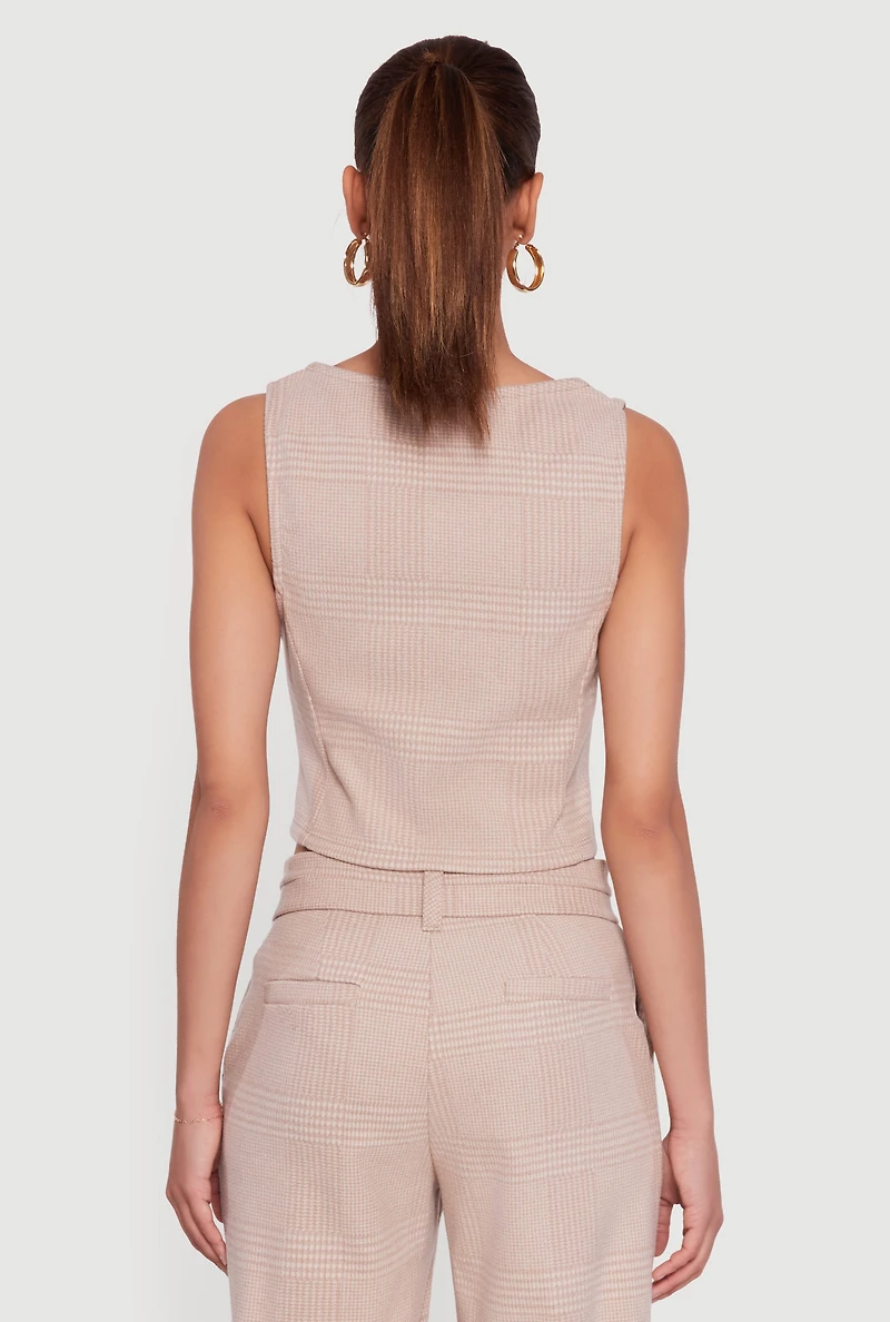 Womens Houndstooth Plaid Cropped Button Front Blazer Vest, S