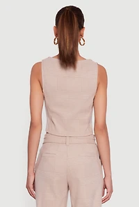 Womens Houndstooth Plaid Cropped Button Front Blazer Vest, S