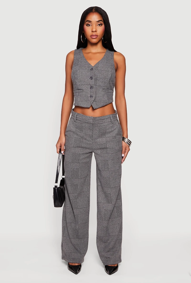 Houndstooth Plaid Straight Leg Dress Pants