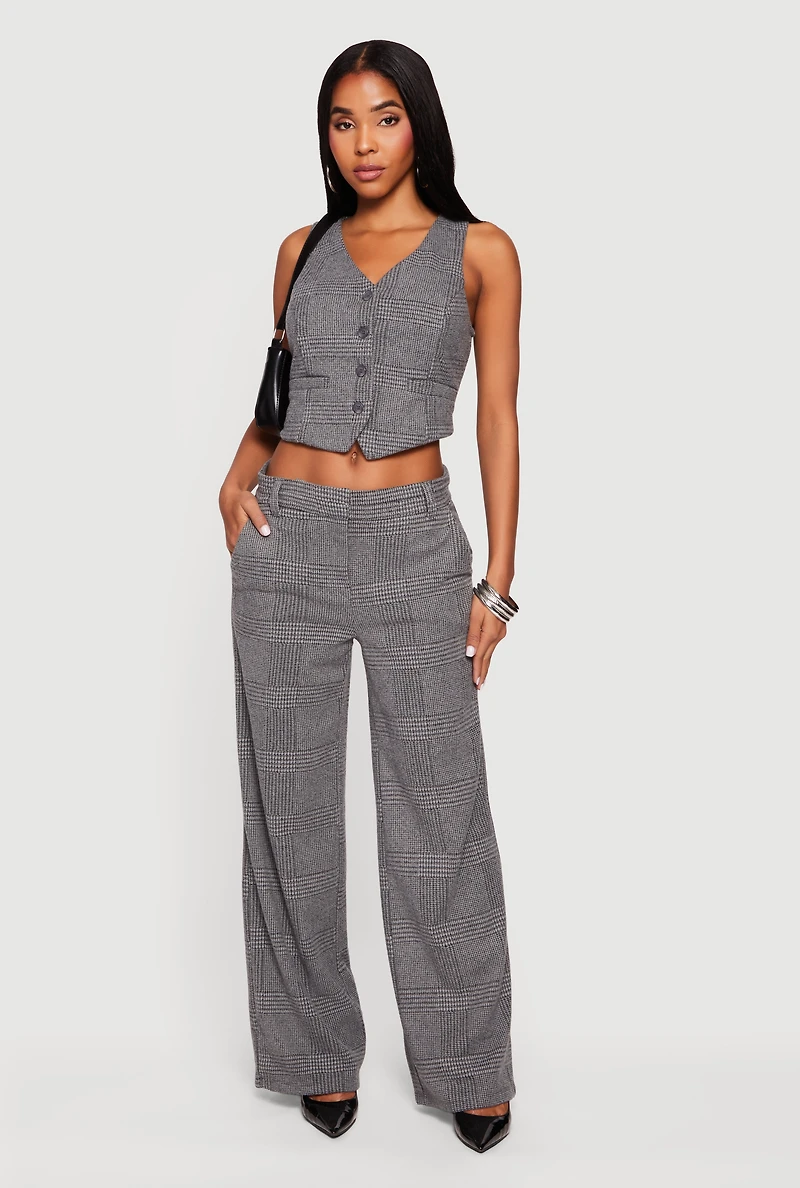 Womens Houndstooth Plaid Straight Leg Dress Pants, Grey,