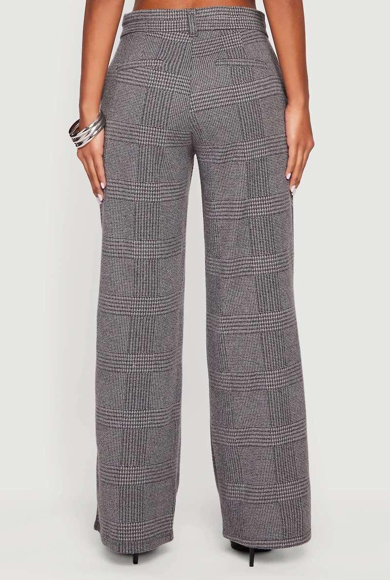 Womens Houndstooth Plaid Straight Leg Dress Pants, Grey,