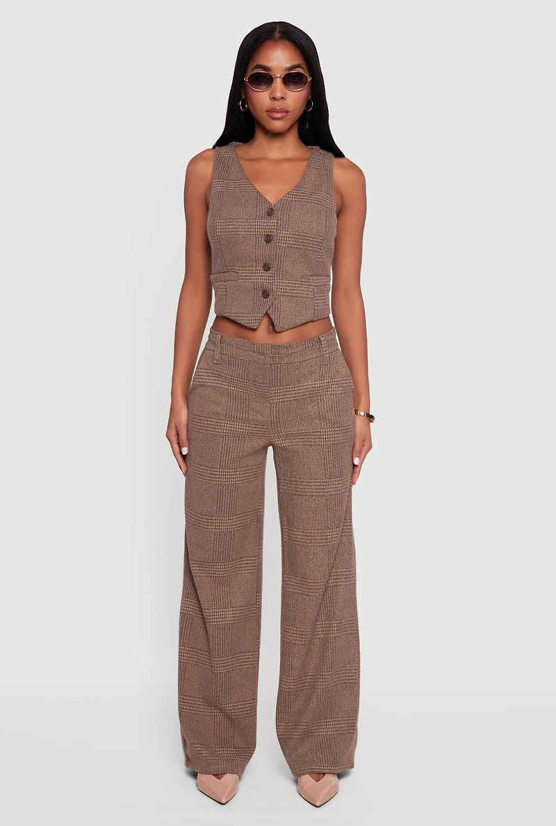 Houndstooth Plaid Straight Leg Dress Pants
