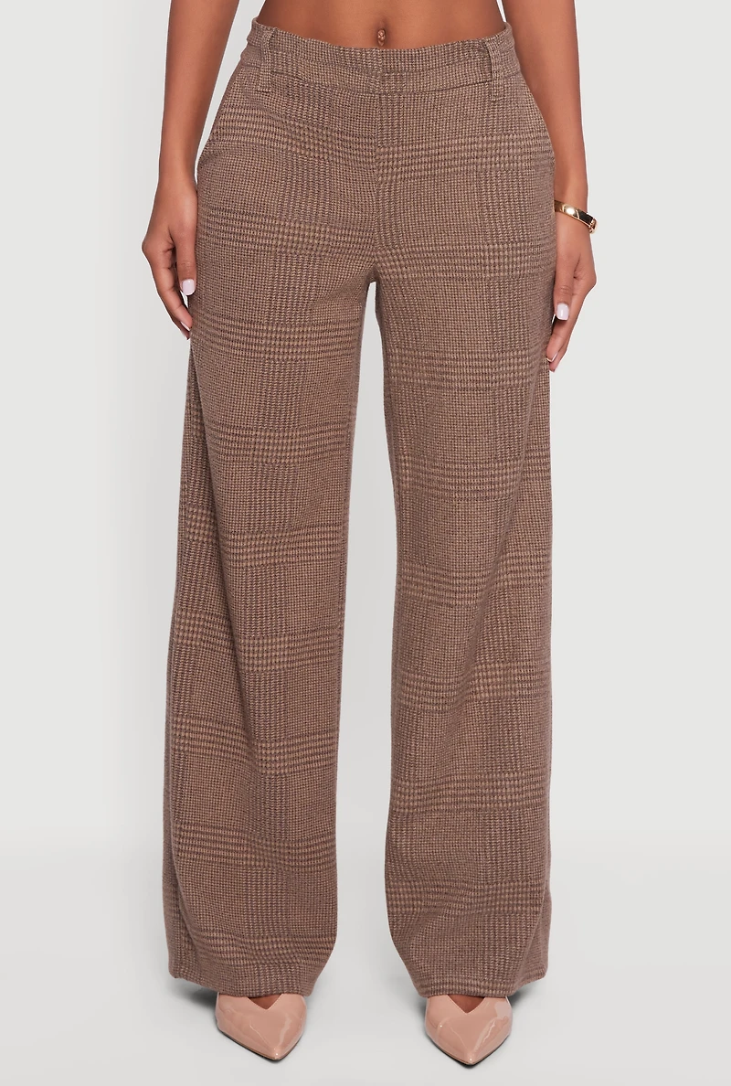 Womens Houndstooth Plaid Straight Leg Dress Pants, Brown, Size S