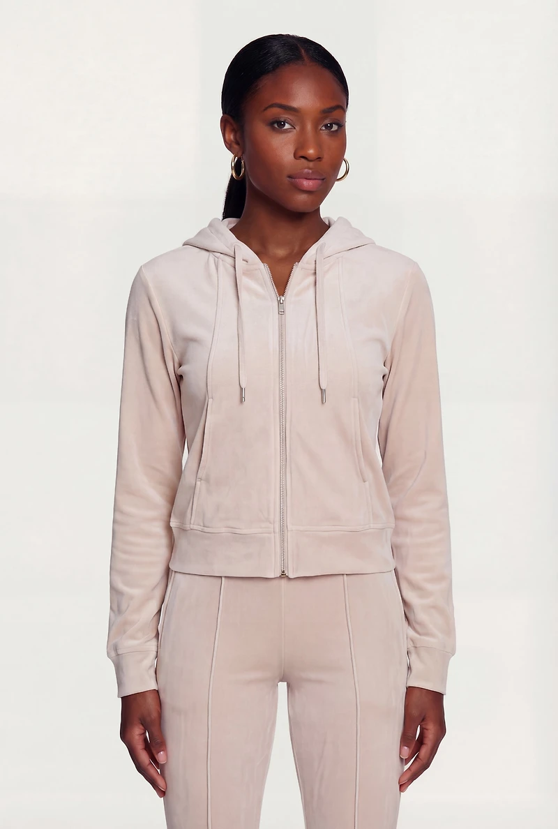 Solid Velour Zip Front Hoodie