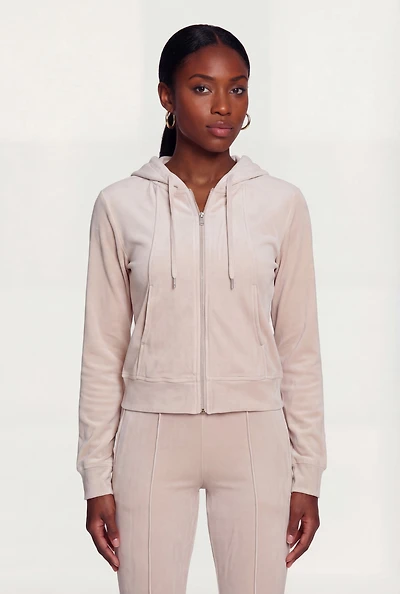 Solid Velour Zip Front Hoodie