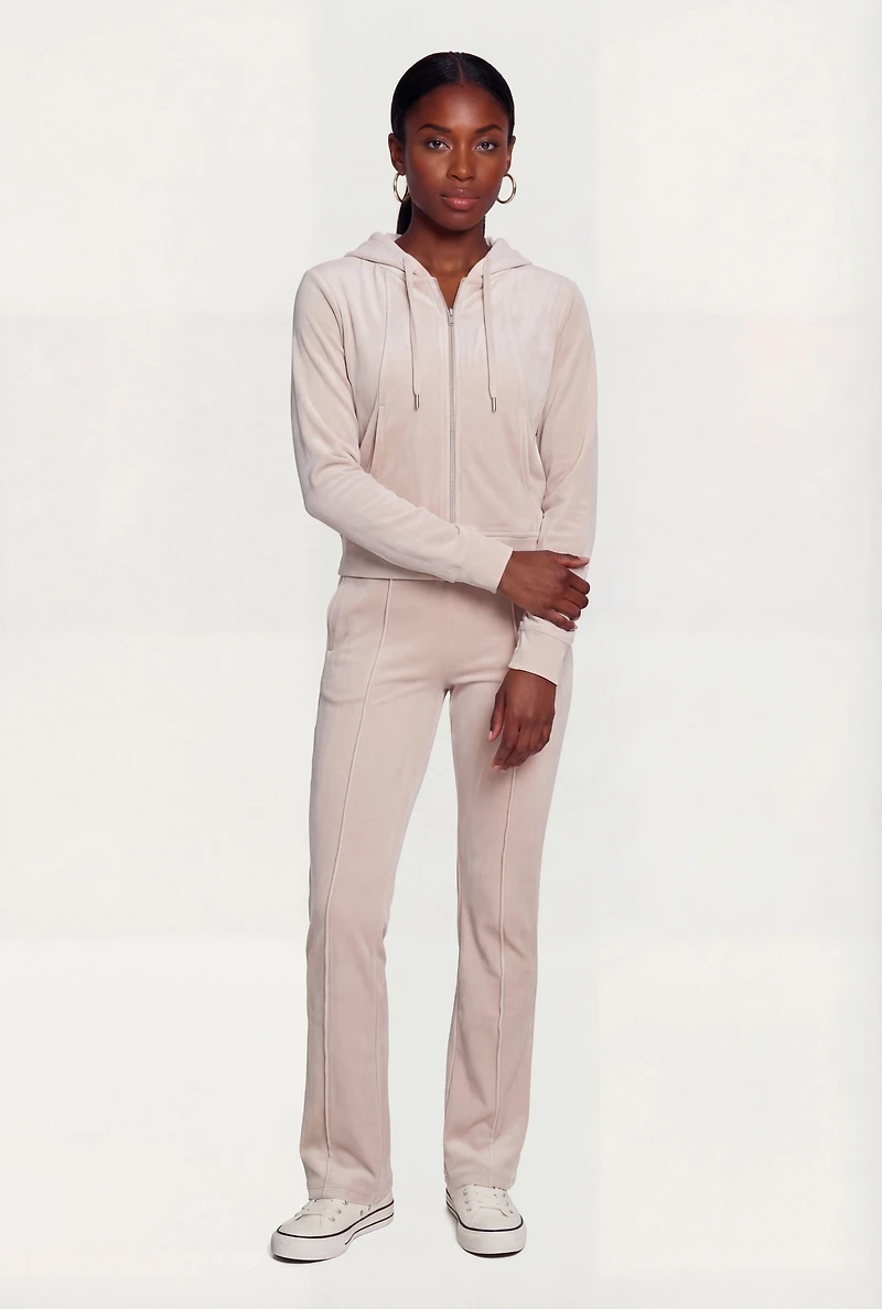 Solid Velour Zip Front Hoodie