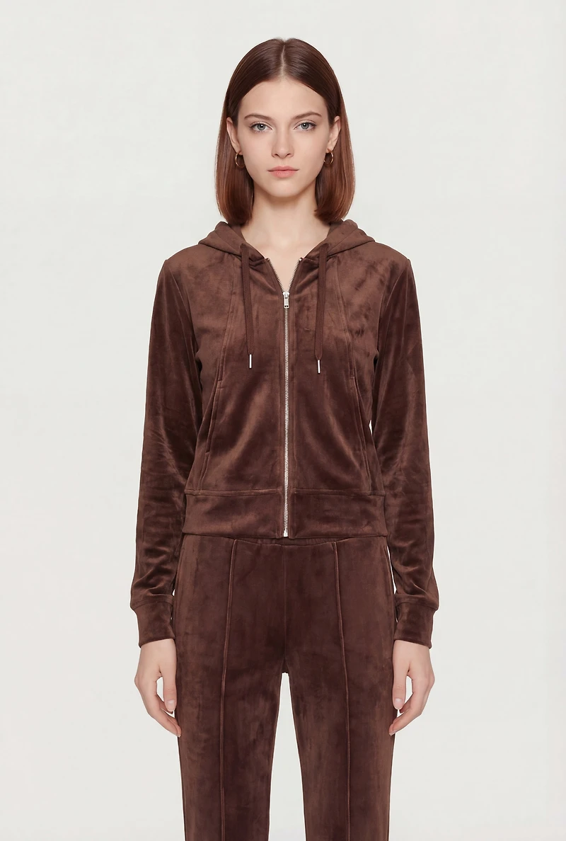 Solid Velour Zip Front Hoodie