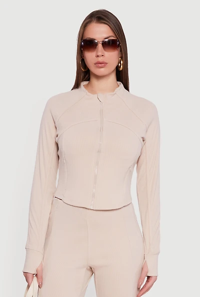 Womens Brushed Knit Mock Neck Zip Front Sweatshirt,