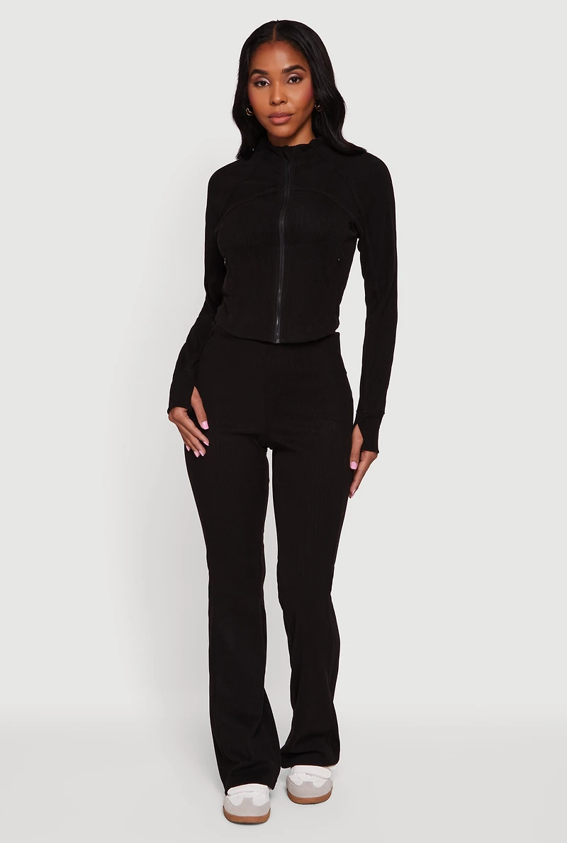 Womens Brushed Rib Knit Slim Straight Casual Pants,