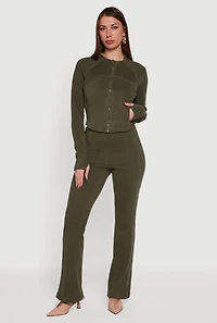 Womens Brushed Rib Knit Slim Straight Casual Pants, Green, Size L