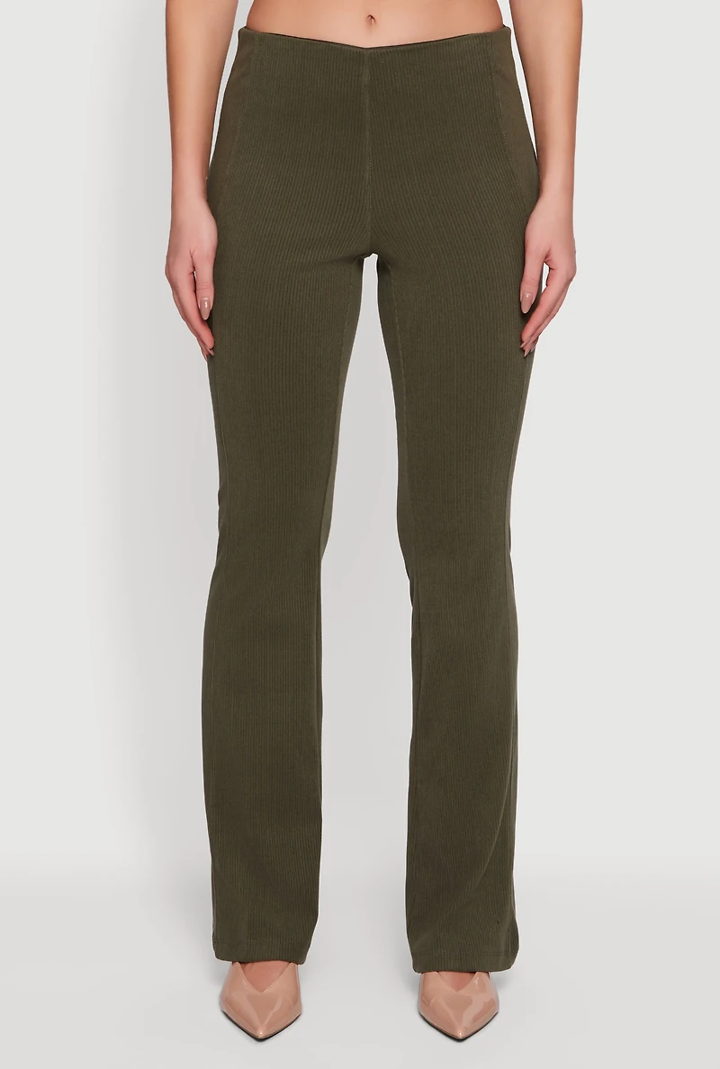 Womens Brushed Rib Knit Slim Straight Casual Pants, Green, Size L