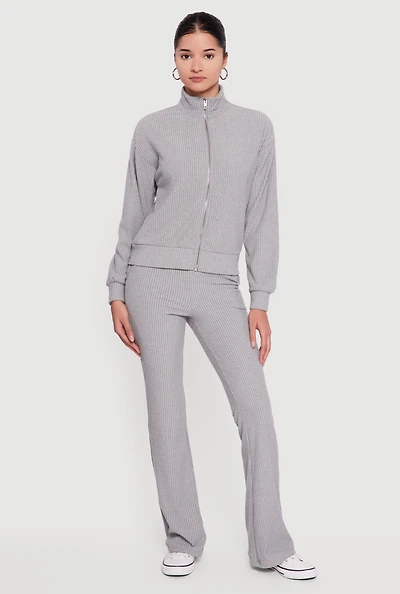 Womens Brushed Rib Knit Zip Front Sweater,