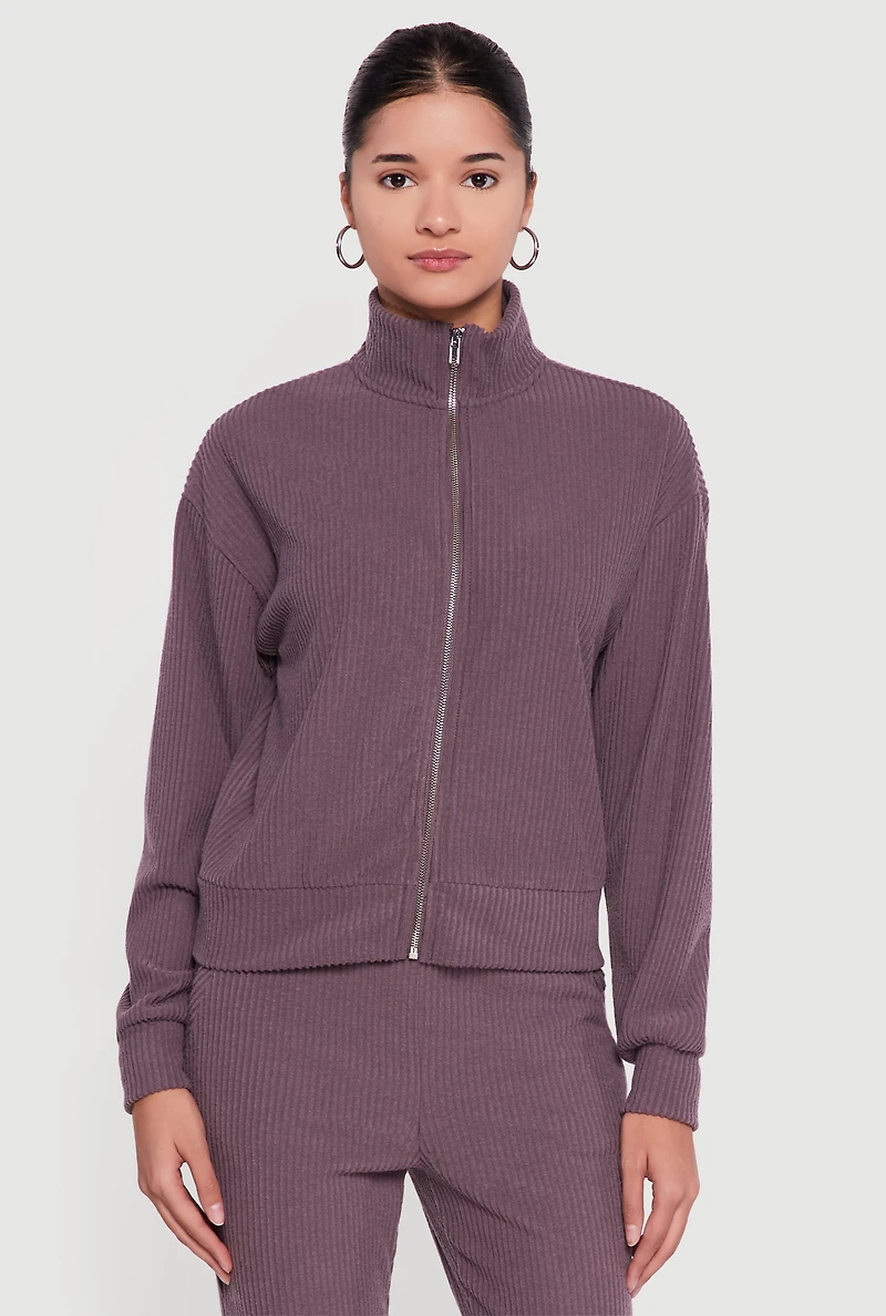 Brushed Rib Knit Zip Front Sweater