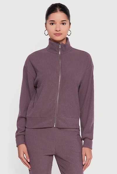 Brushed Rib Knit Zip Front Sweater