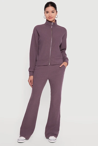 Womens Brushed Rib Knit High Waisted Flare Leg Pants,