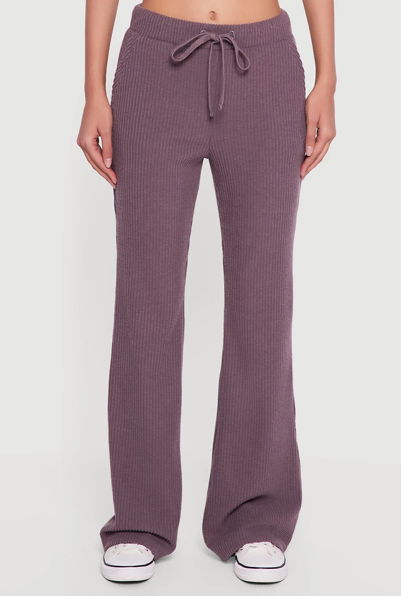 Brushed Rib Knit High Waisted Flare Leg Pants
