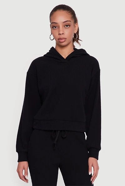 Womens Brushed Rib Knit Pullover Hoodie,