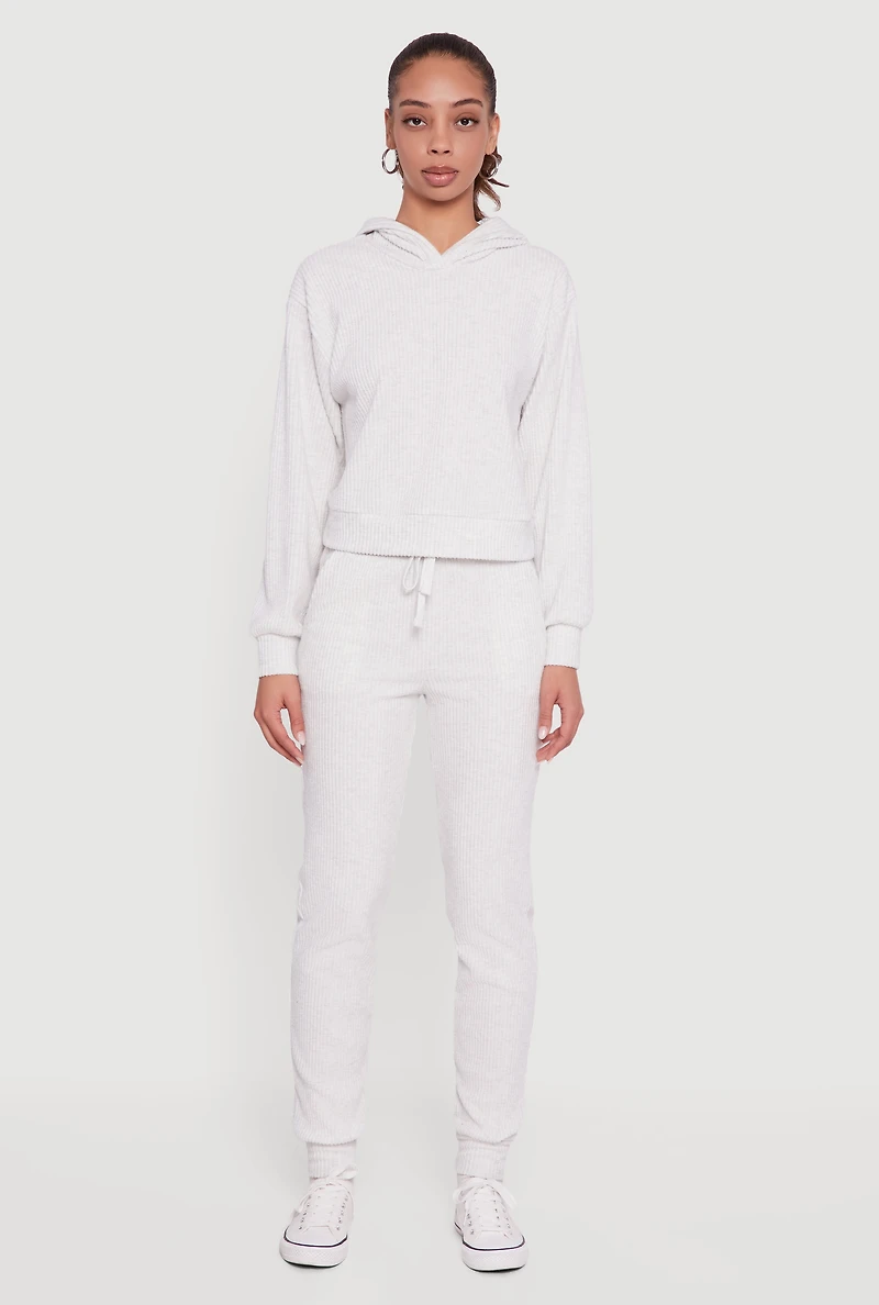 Womens Brushed Rib Knit Pullover Hoodie, Beige, Size S