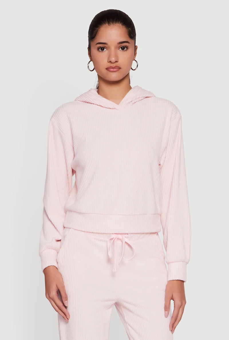 Womens Brushed Rib Knit Pullover Hoodie, Pink,