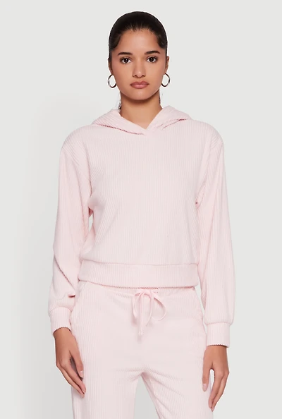 Womens Brushed Rib Knit Pullover Hoodie, Pink,
