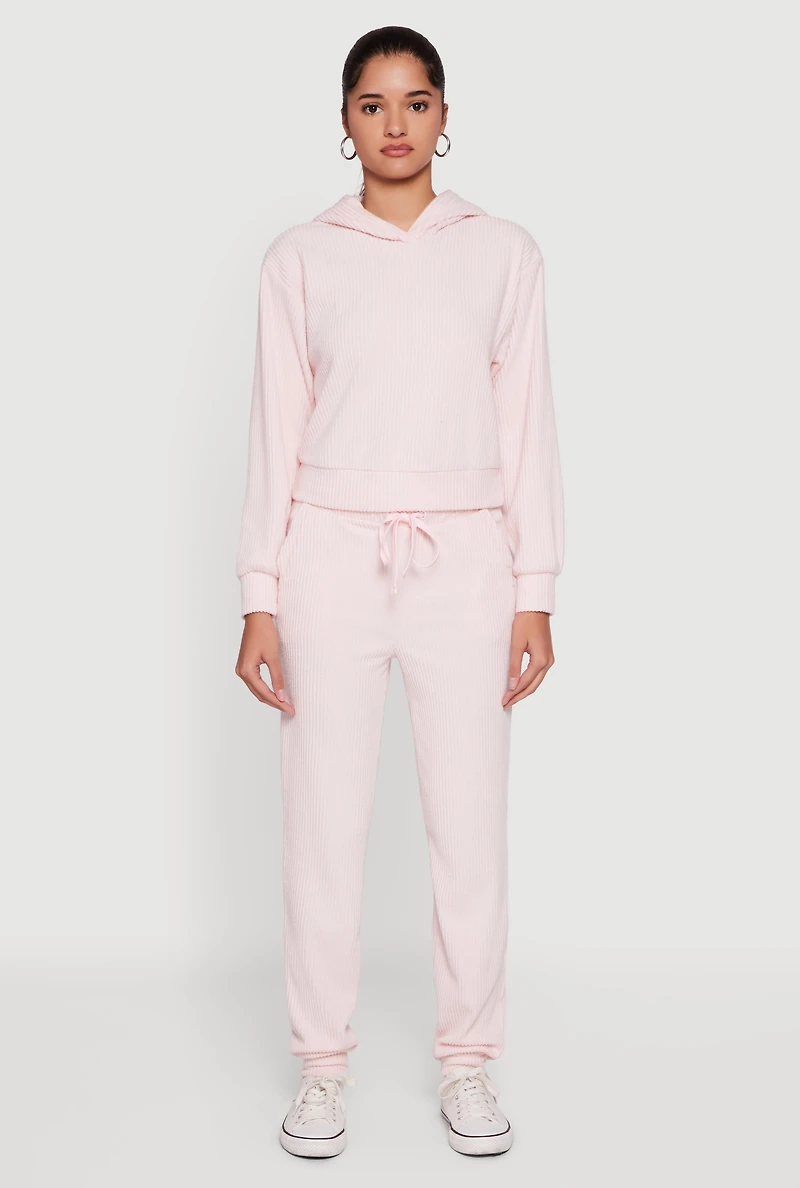 Womens Brushed Rib Knit Pullover Hoodie, Pink,