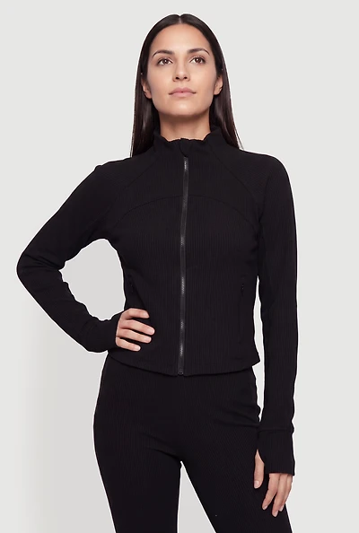 Brushed Ribbed Knit Funnel Neck Zip Front Track Jacket