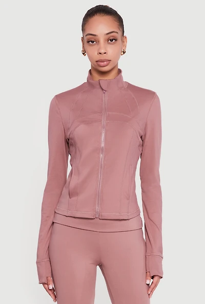 Solid Long Sleeve Mock Neck Zip Front Active Jacket