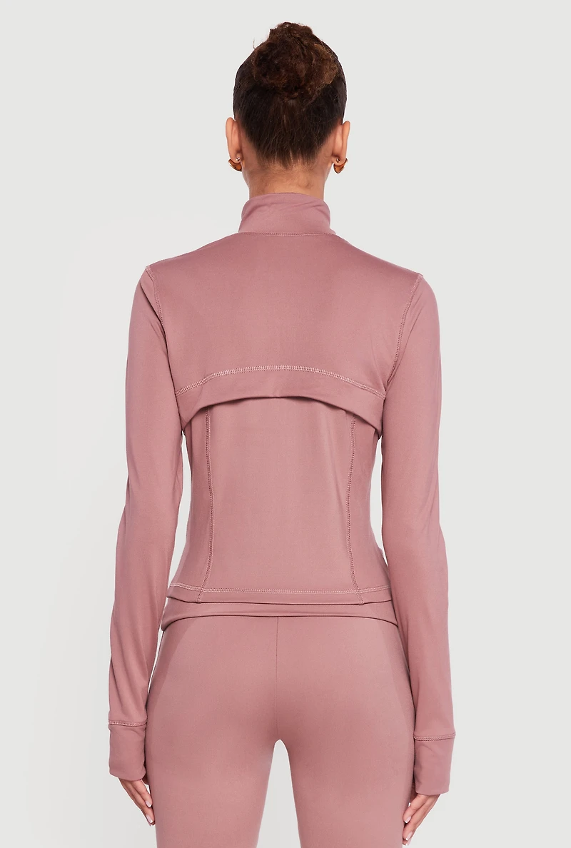 Solid Long Sleeve Mock Neck Zip Front Active Jacket