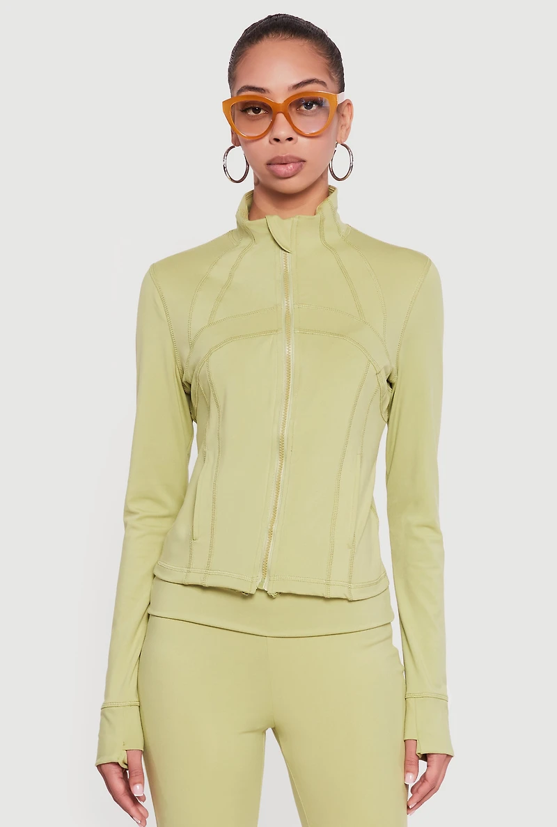 Solid Long Sleeve Mock Neck Zip Front Active Jacket