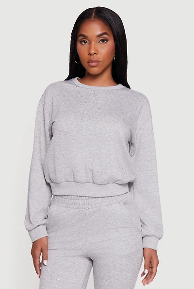 Rhinestone Studded Long Sleeve Pullover Sweatshirt