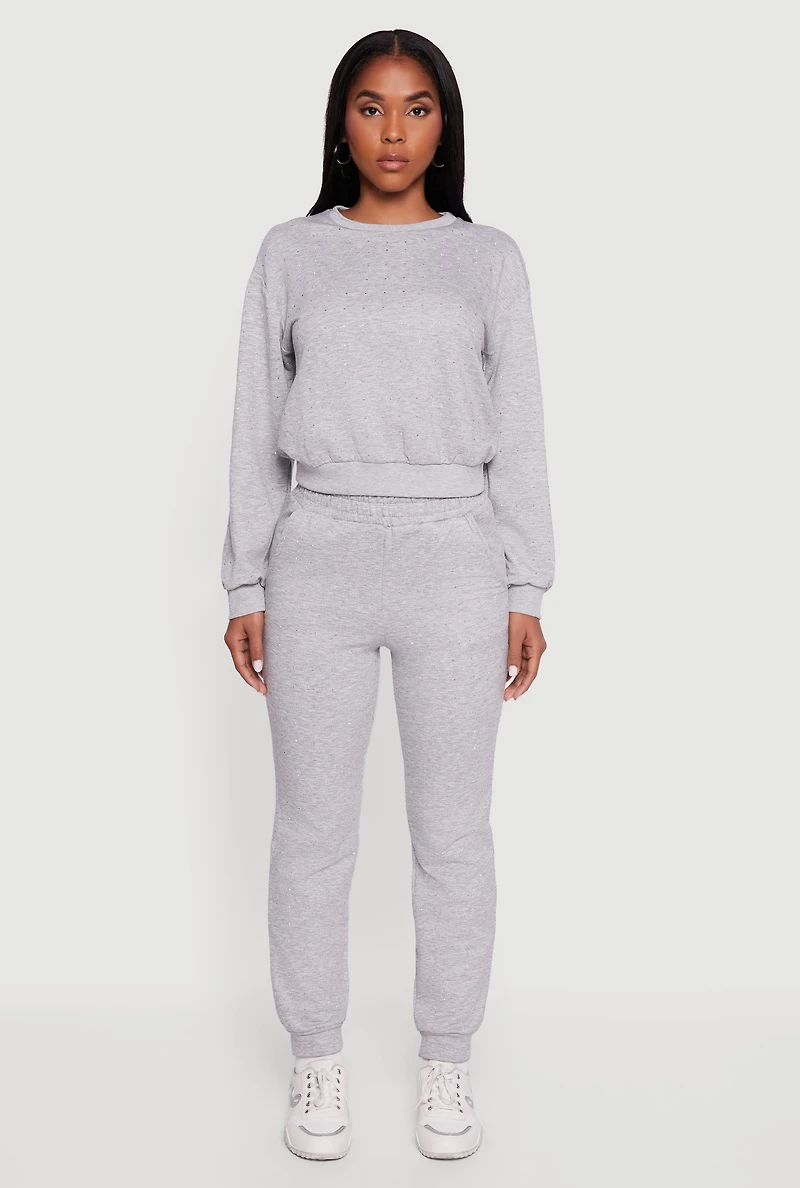 Womens Rhinestone Studded Long Sleeve Pullover Sweatshirt,