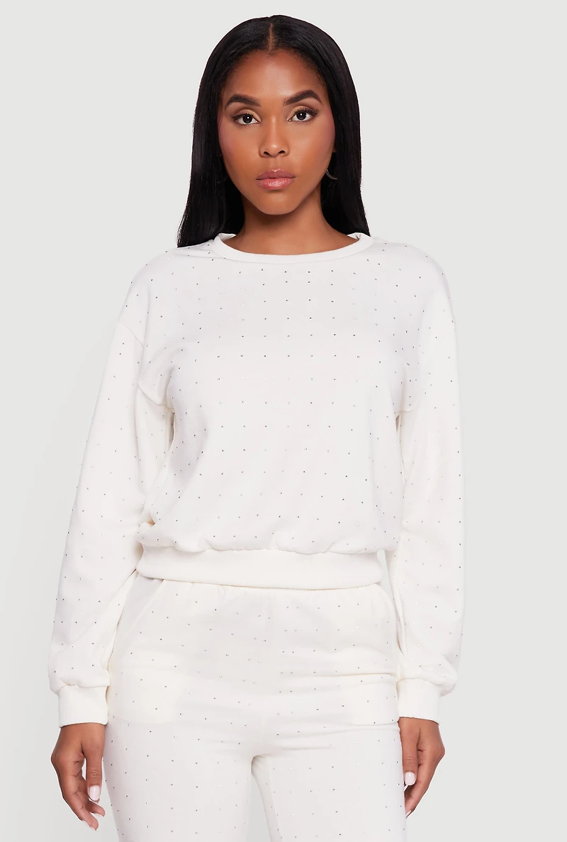 Womens Rhinestone Studded Long Sleeve Pullover Sweatshirt, White,
