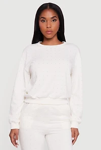 Womens Rhinestone Studded Long Sleeve Pullover Sweatshirt, White,