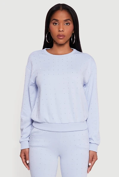 Womens Rhinestone Studded Long Sleeve Pullover Sweatshirt, Blue, Size M