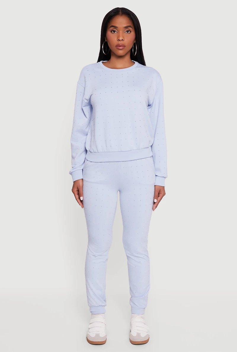 Womens Rhinestone Studded Long Sleeve Pullover Sweatshirt,