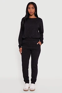 Womens Rhinestone Studded Elastic Waist Joggers, Black, Size M