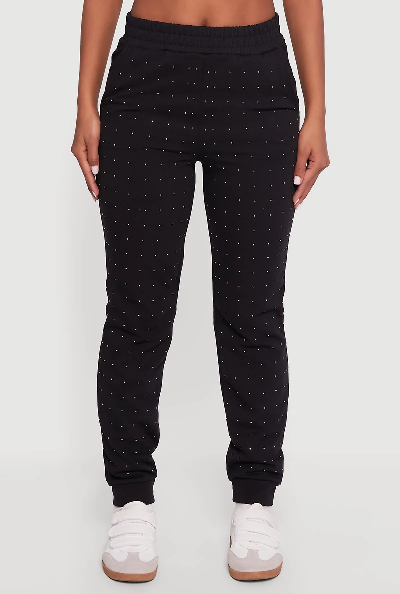 Womens Rhinestone Studded Elastic Waist Joggers, Black, Size M