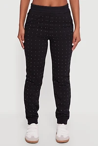 Womens Rhinestone Studded Elastic Waist Joggers, Black, Size M