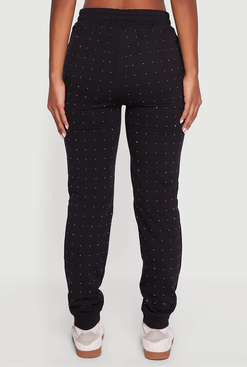 Womens Rhinestone Studded Elastic Waist Joggers, Black, Size M