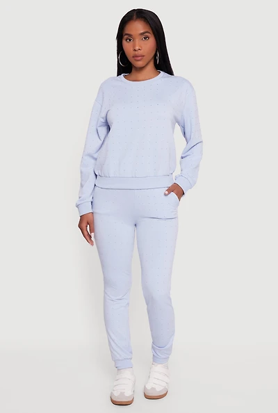 Womens Rhinestone Studded Elastic Waist Joggers, Blue, Size S