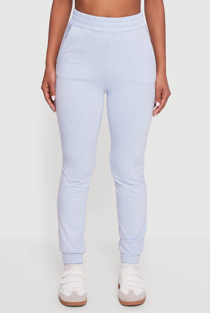 Womens Rhinestone Studded Elastic Waist Joggers, Blue, Size S