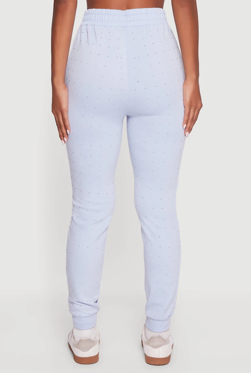 Womens Rhinestone Studded Elastic Waist Joggers, Blue, Size S