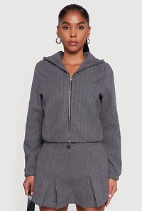 Womens Herringbone Zip Front Elastic Hem Jacket, Grey, Size M